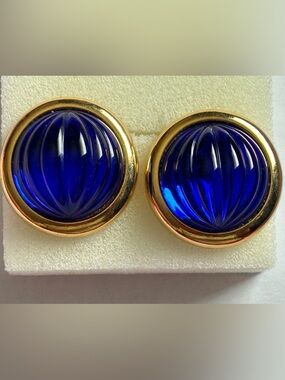 Gold-Tone Earrings with Deep Cobalt Blue Cabochon